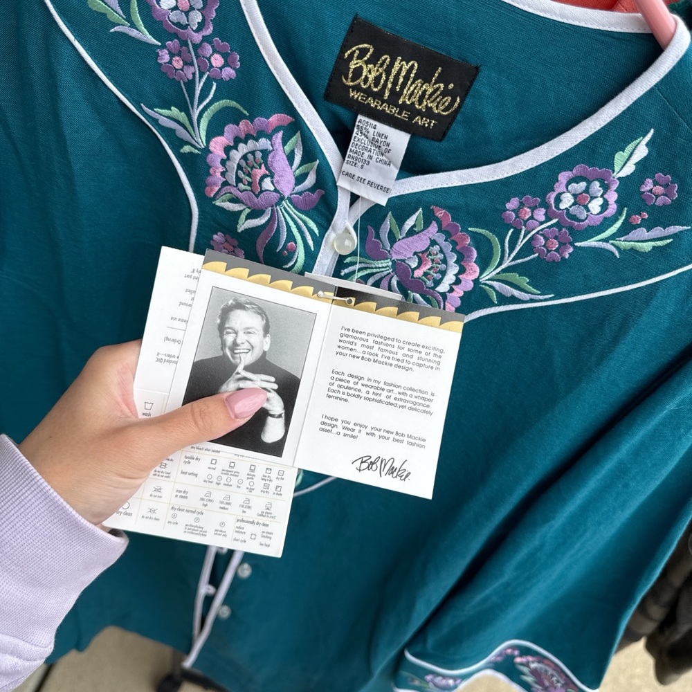 Bob Mackie Teal Floral Embroidered Top - Picture 2 of 2